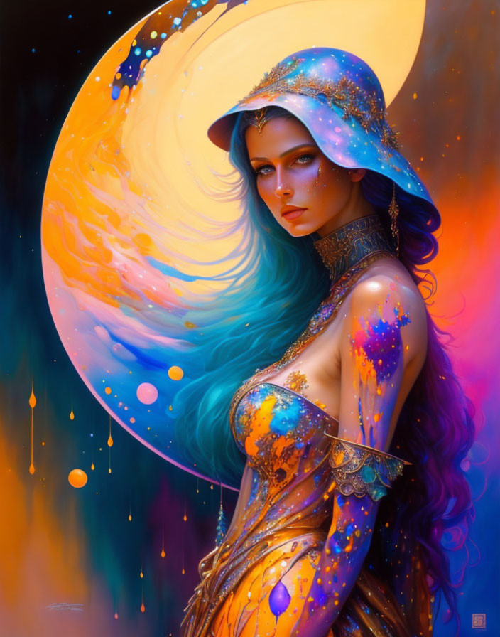 Colorful digital artwork of woman with blue hair and cosmic body paint against nebula backdrop