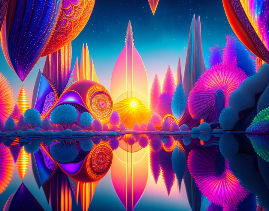 Colorful surreal landscape with mirrored reflection and celestial backdrop