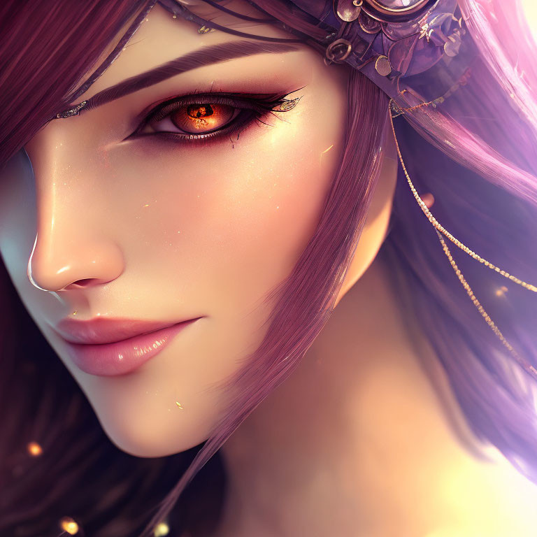 Detailed fantasy female character with red eyes, purple hair & ornate headgear