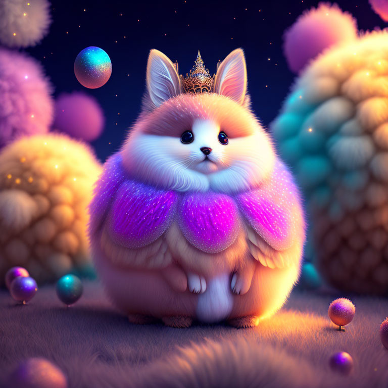 Fluffy fantasy creature with purple scarf and crown in magical setting