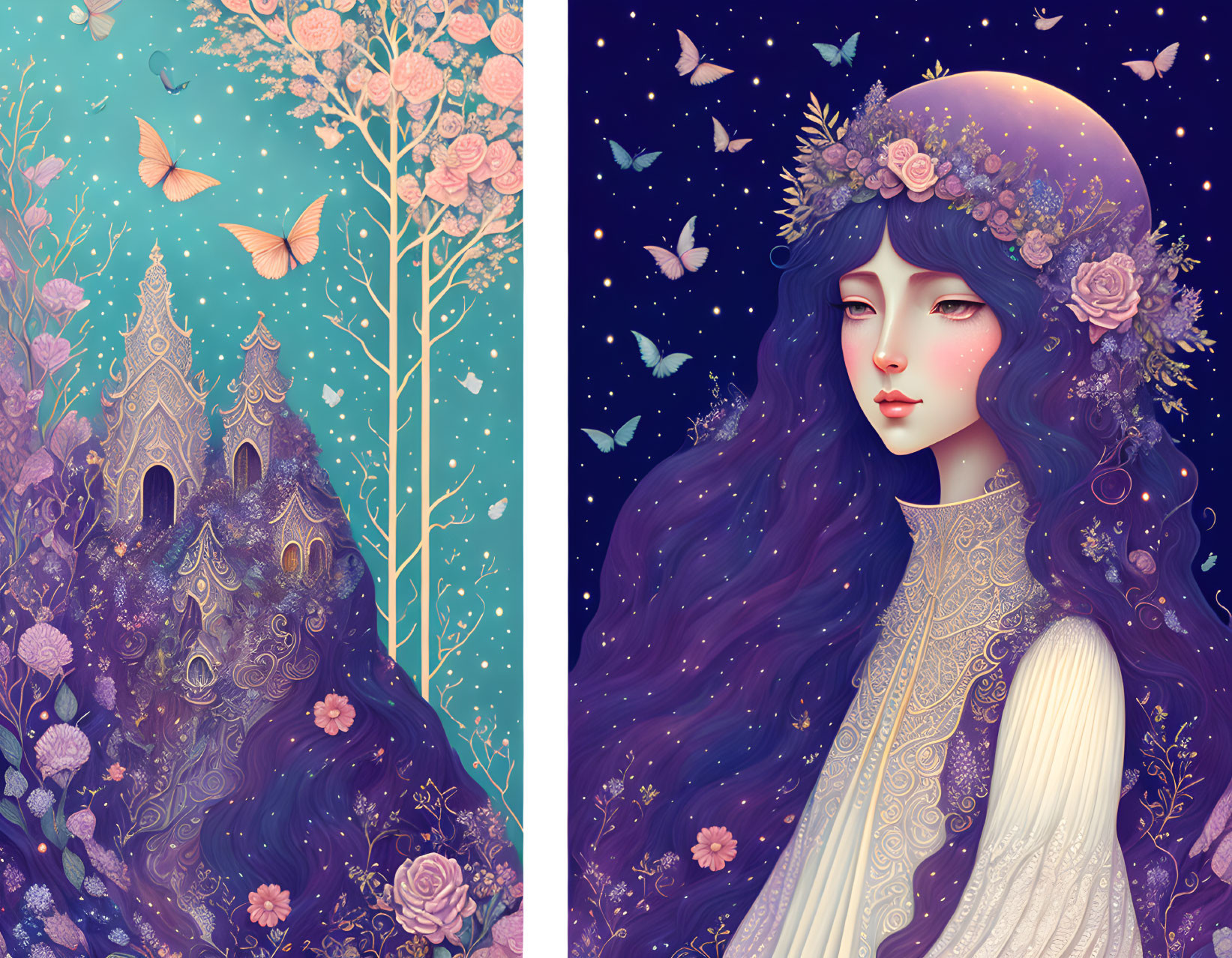 Ethereal illustration of woman with purple hair and floral headdress