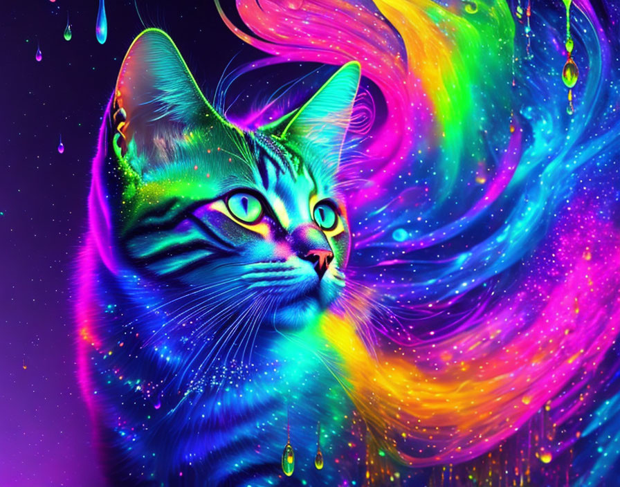 Colorful Psychedelic Cat Art with Neon Swirls and Paint Drops