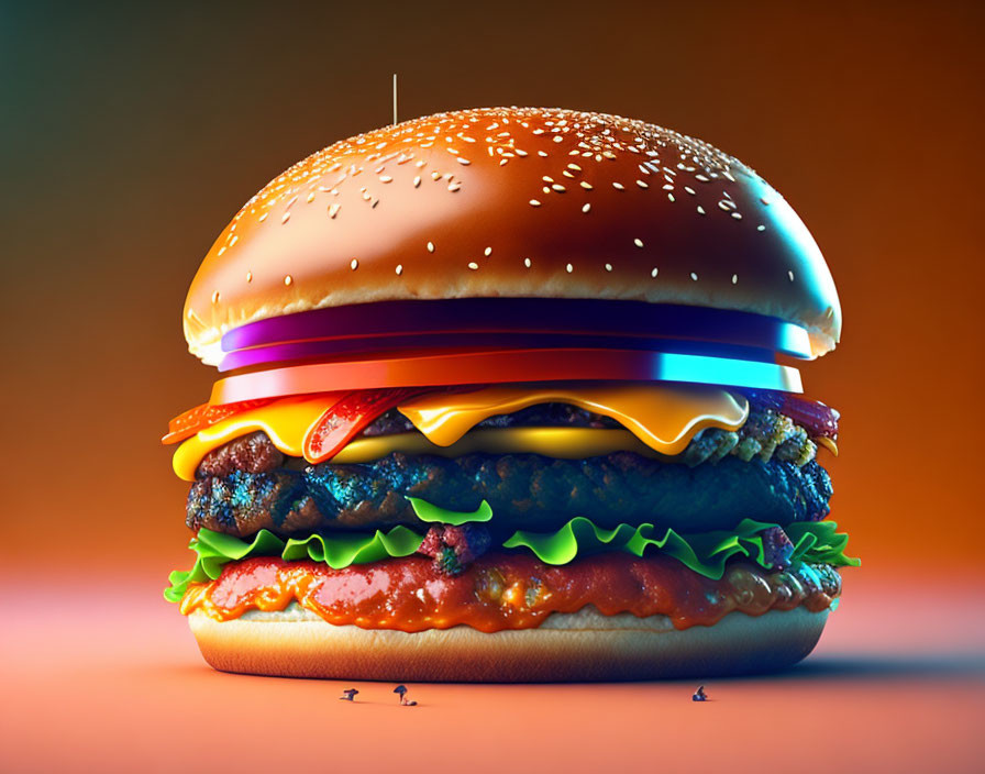 Digital illustration of a cheeseburger with sesame seed bun, lettuce, cheese, tomato, onions, beef