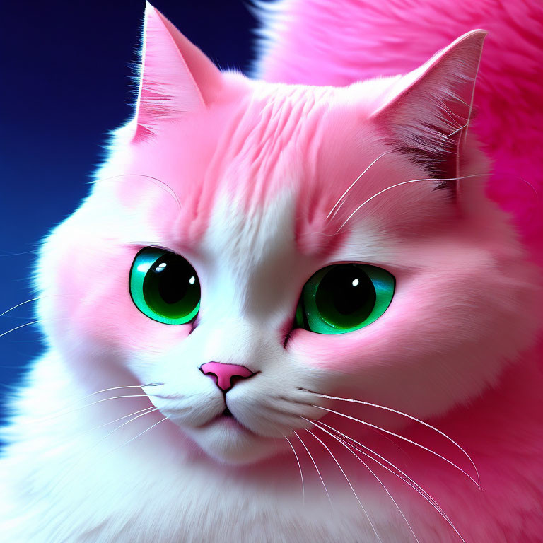 Digitally Created Pink Cat with Luminous Green Eyes on Blue Background