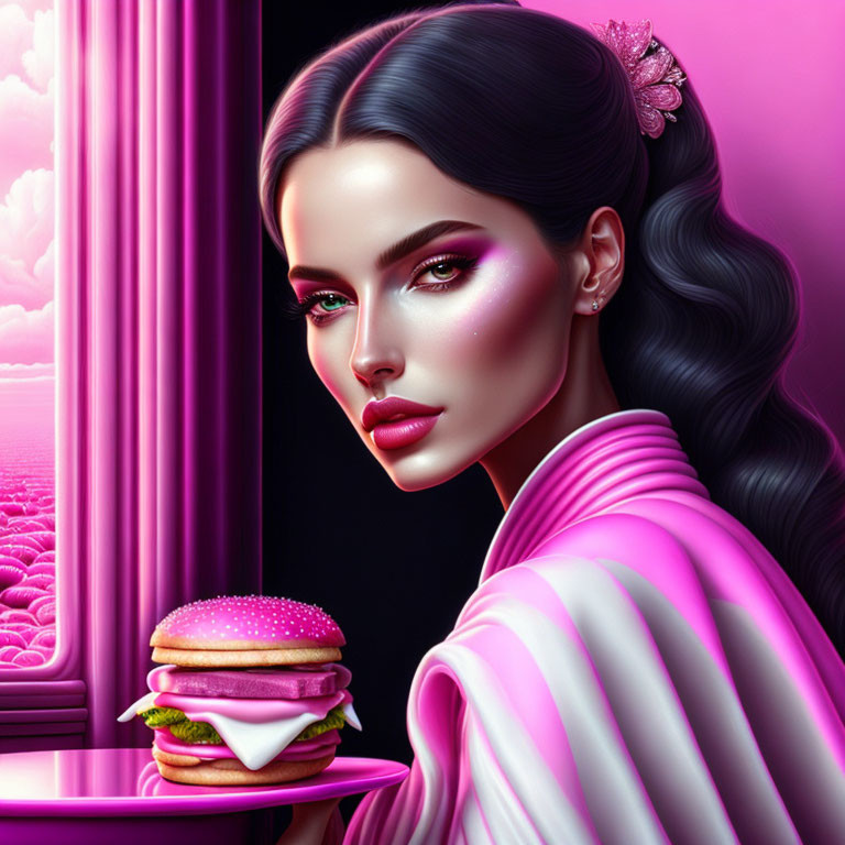 Digital illustration of woman with sleek hair and striking makeup holding a sparkling burger in pink-toned landscape.