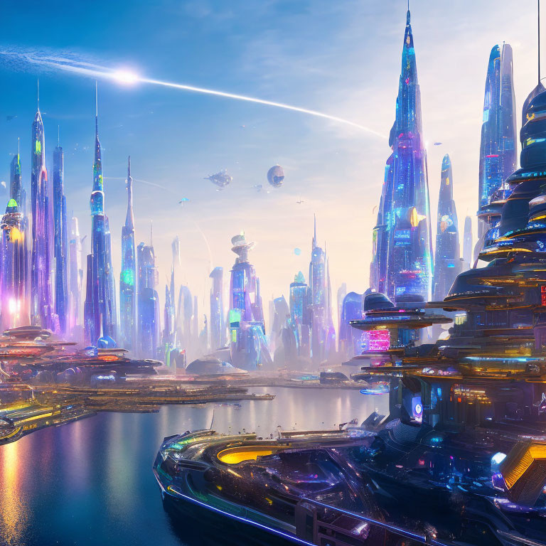 Futuristic cityscape with skyscrapers, flying vehicles, neon lights at dawn or dusk