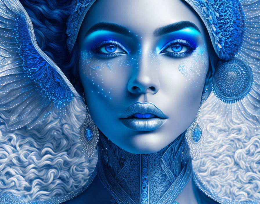 Surreal image of woman with ornate blue and white makeup & headgear