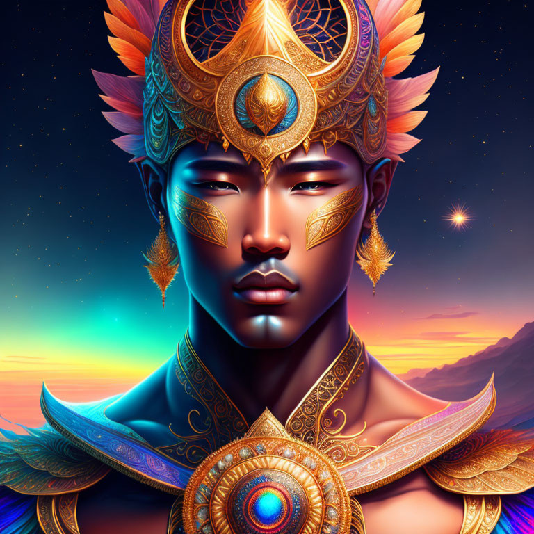 Male Figure with Golden Headgear in Sunset Sky Portrait