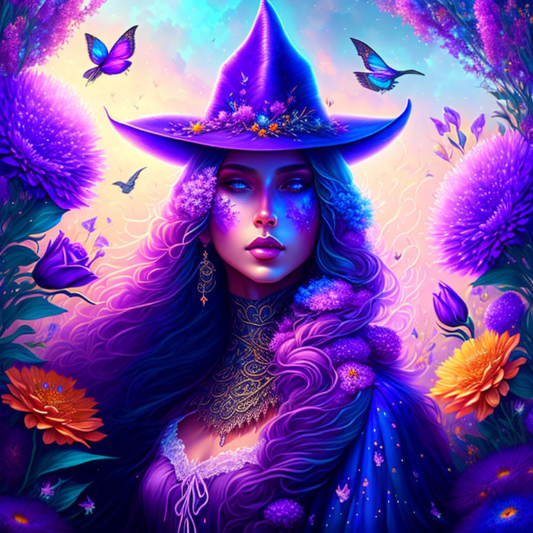 Colorful illustration of mystical witch with purple hair and floral hat, butterflies, and magical background.