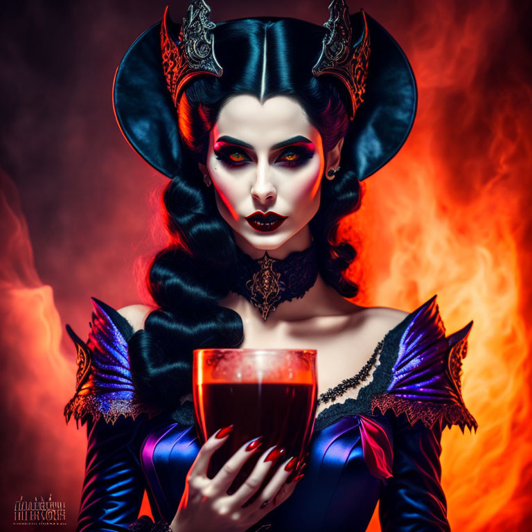 Gothic vampire queen with chalice, horns, dark makeup, and fiery backdrop