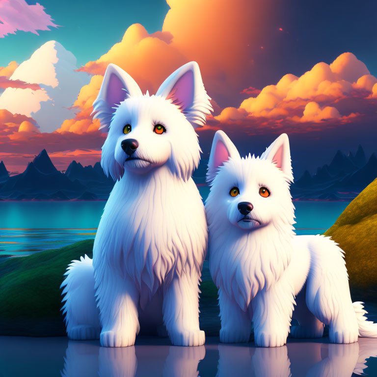 Two White Dogs in Front of Colorful Sunset with Mountains and Water