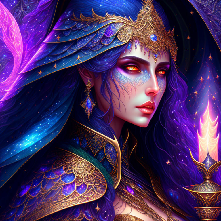 Colorful female figure with blue skin and golden headgear in cosmic setting