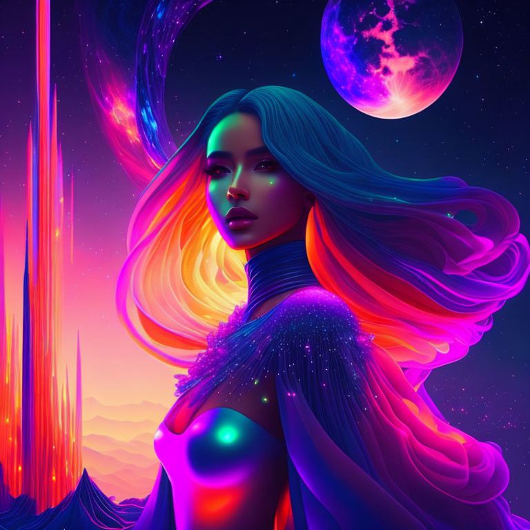 Colorful digital artwork: Woman with flowing hair in cosmic neon palette.