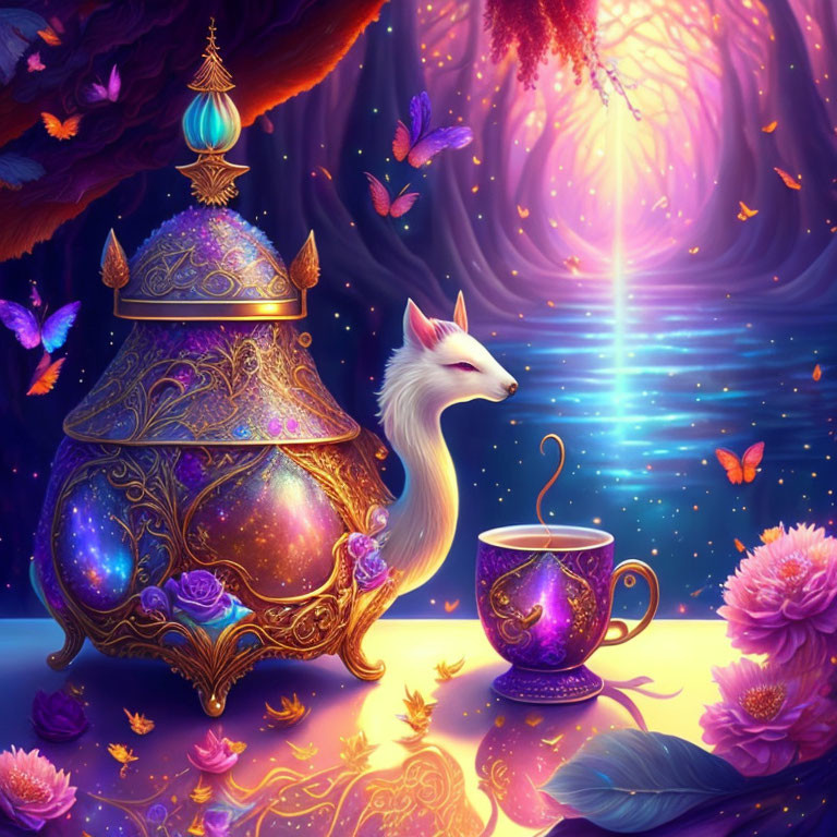 Mystical lantern, serene fox, teacup, butterflies, flowers in radiant purple and pink