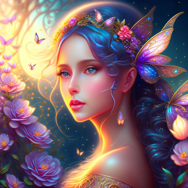 Fantasy illustration of radiant fairy with blue hair, floral tiara, surrounded by flowers and butterflies