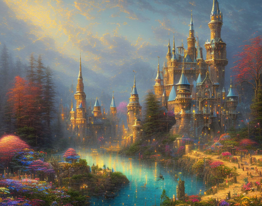 Castle in Colorful Forest with River and Golden Sky