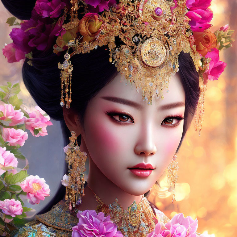 Asian woman in traditional attire with golden headpiece and flowers.