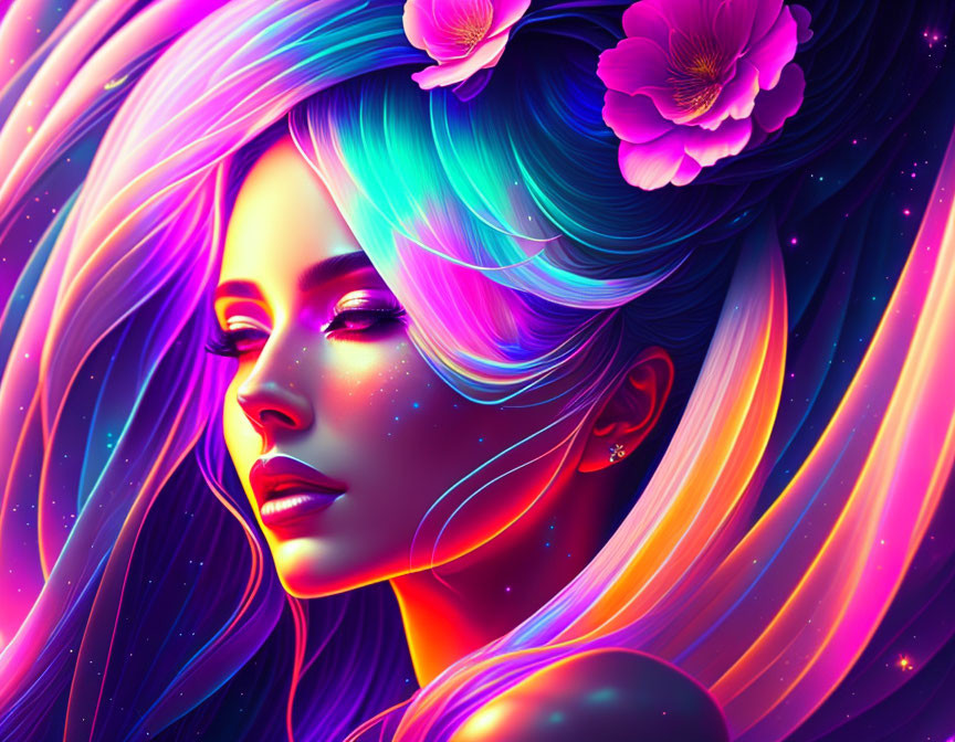 Colorful digital portrait of a woman with multicolored hair and floral adornments against a cosmic neon