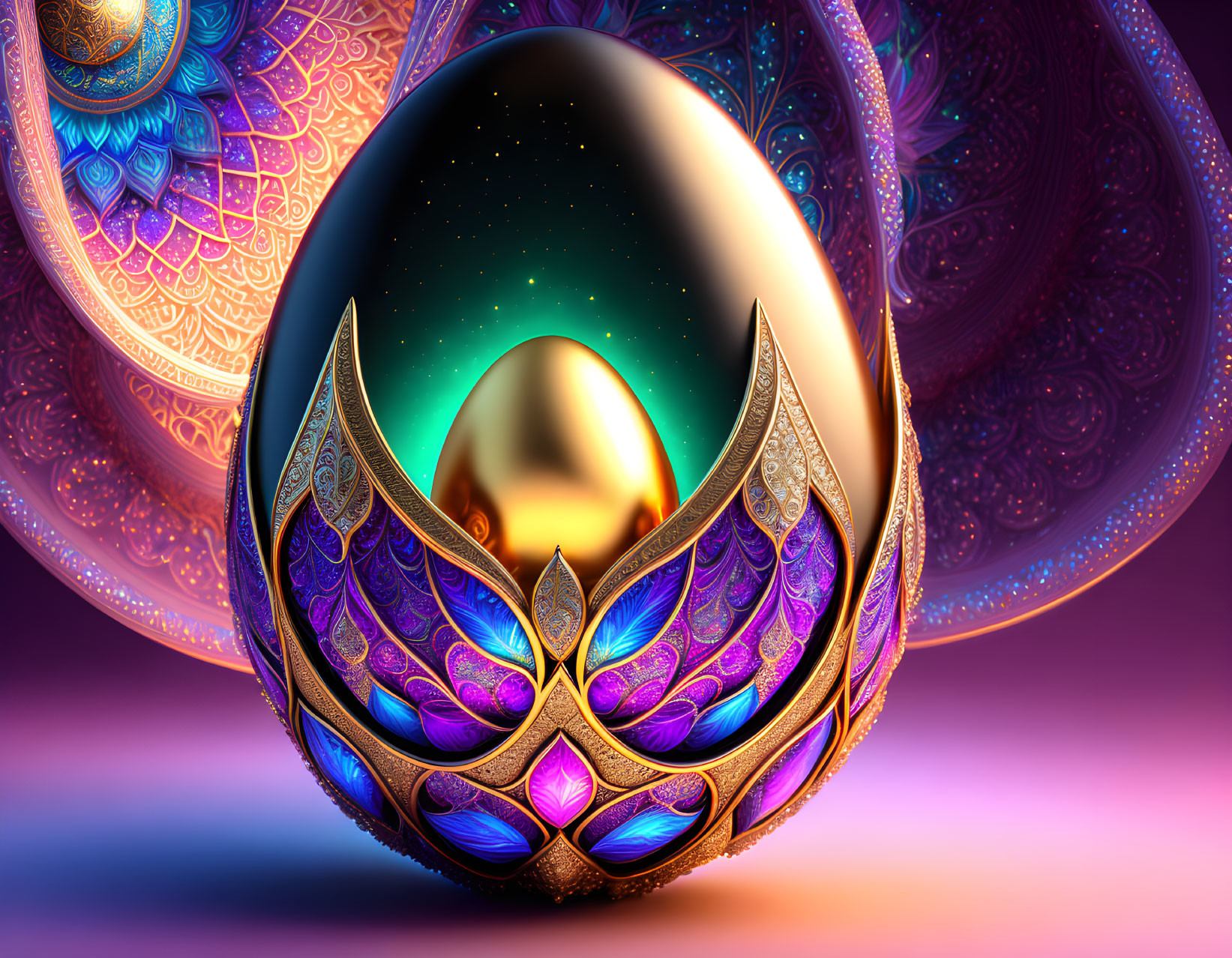 Golden Egg with Jewel-Toned Leaves on Cosmic Background