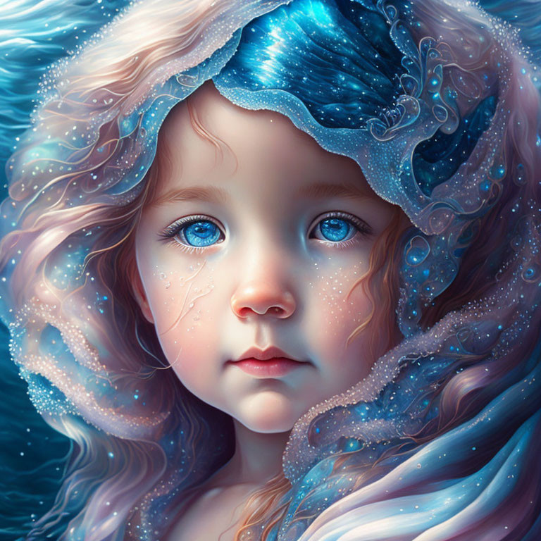 Digital Artwork: Young Child with Cosmic Hair and Blue Eyes