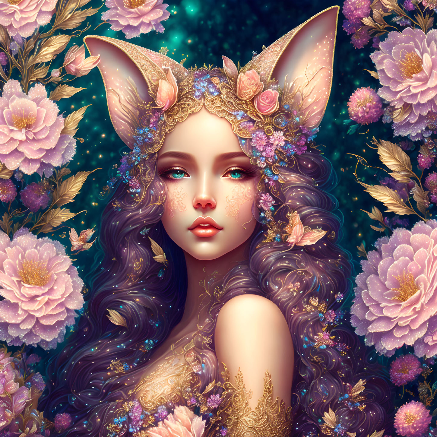 Fantasy illustration of woman with fox ears in floral headdress among peonies