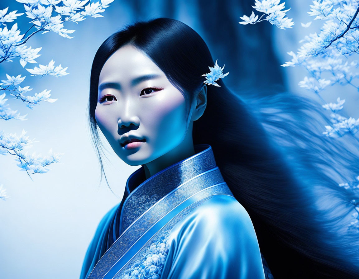 Blue-Tinted Woman in Traditional Attire Surrounded by White Blossoms on Blue Background