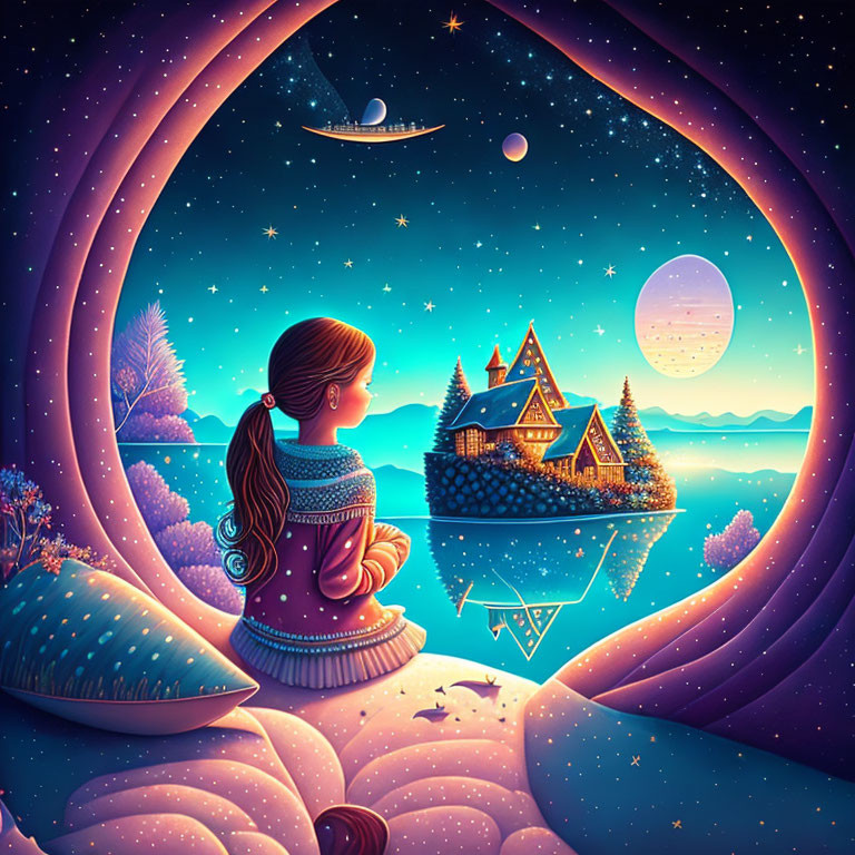 Girl admires glowing house by lake in fantastical nighttime scene