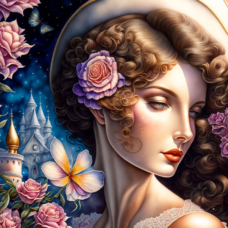 Detailed illustration of woman with curly hair, rose, butterflies, and moonlit castle.