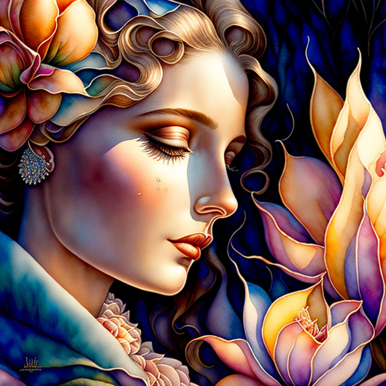 Woman's profile surrounded by vibrant flowers in rich colors