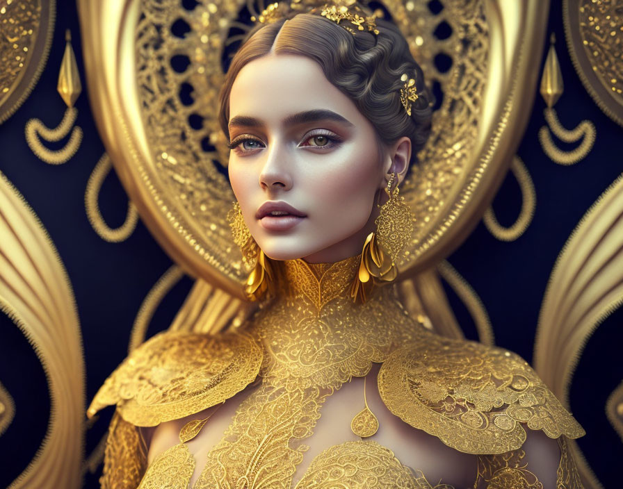 Digital artwork: Woman in golden jewelry with ornate backdrop