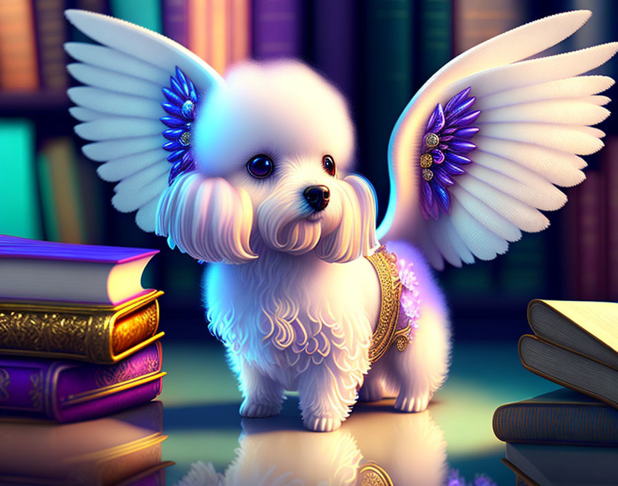 Illustration of fluffy dog with angel wings and jewels beside books on wooden surface