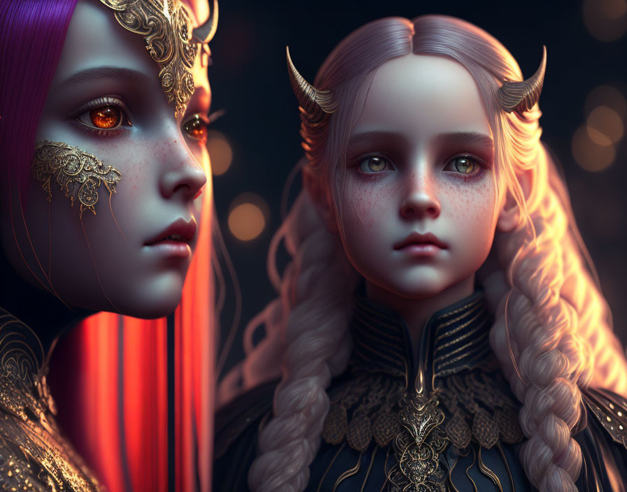 Fantasy characters with gold facial decorations and horns, one with violet hair, the other blonde