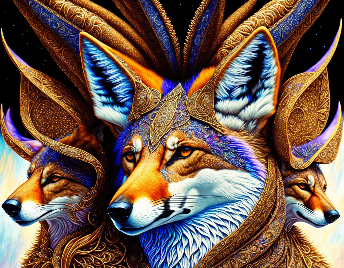 Detailed Digital Illustration of Three Fox Heads with Golden Headdresses