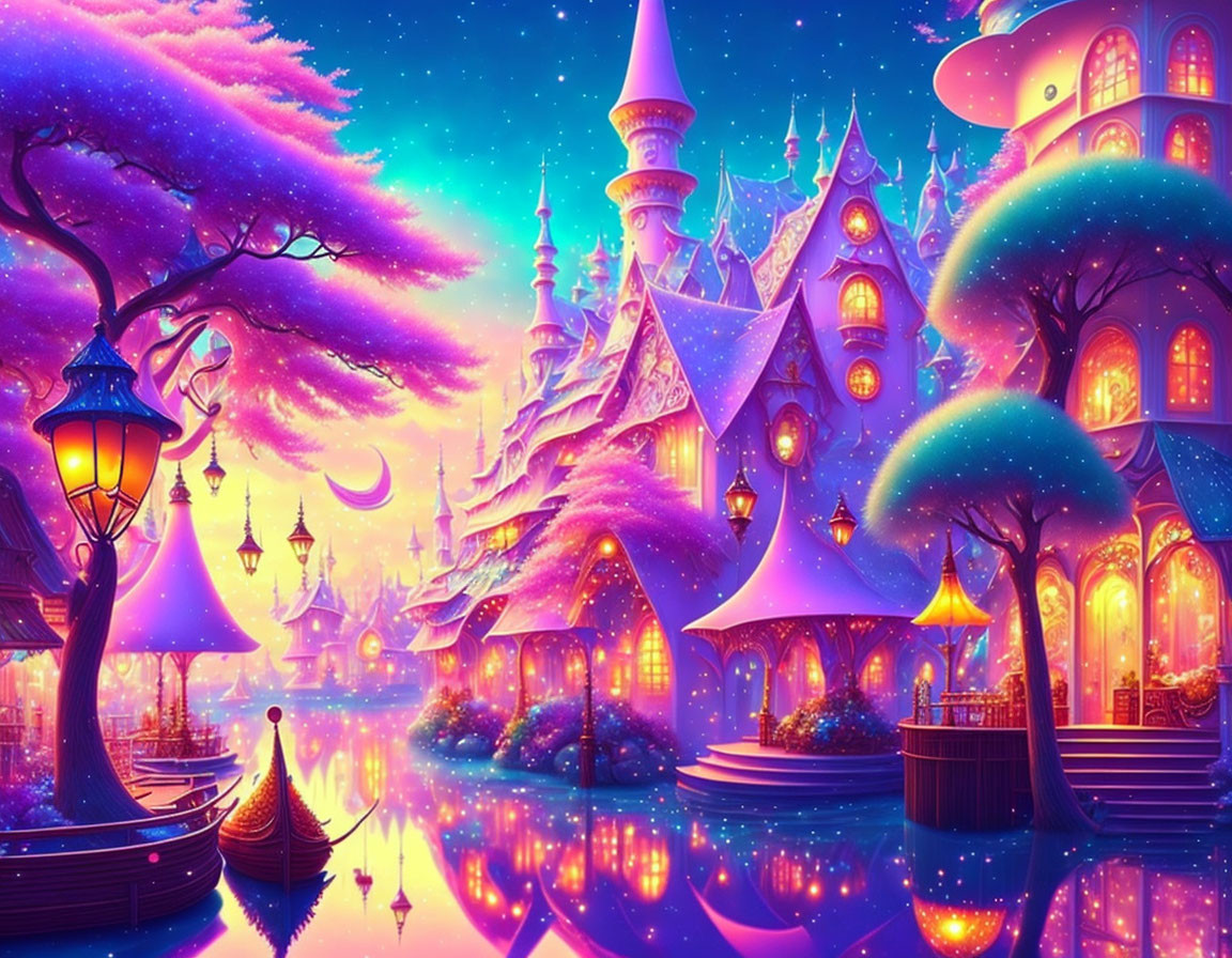 Fantasy landscape with enchanting castle, luminescent trees, and boats on waterway