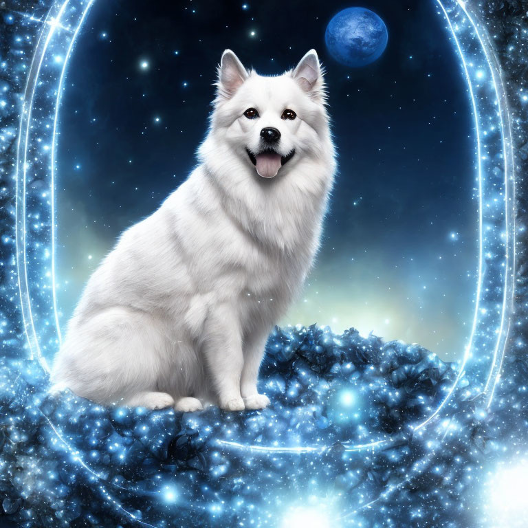 Fluffy White Dog Against Cosmic Backdrop with Stars and Moon