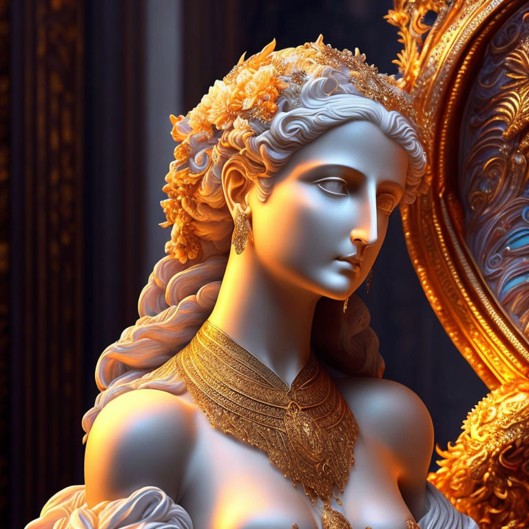 Classical statue with gold detailing on rich backdrop in warm light