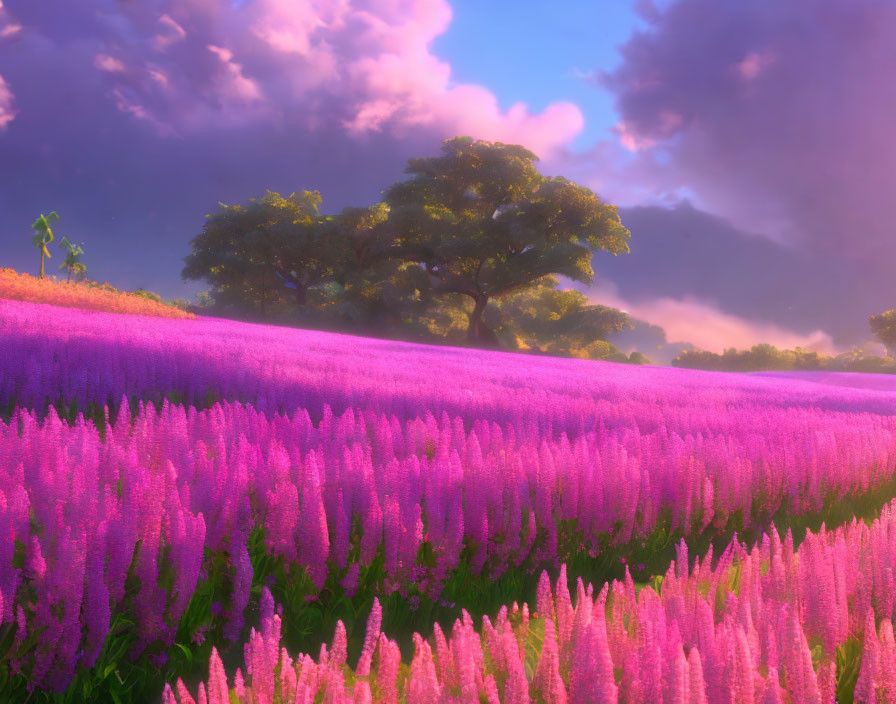 Lush purple flower field under sunset sky with silhouetted trees