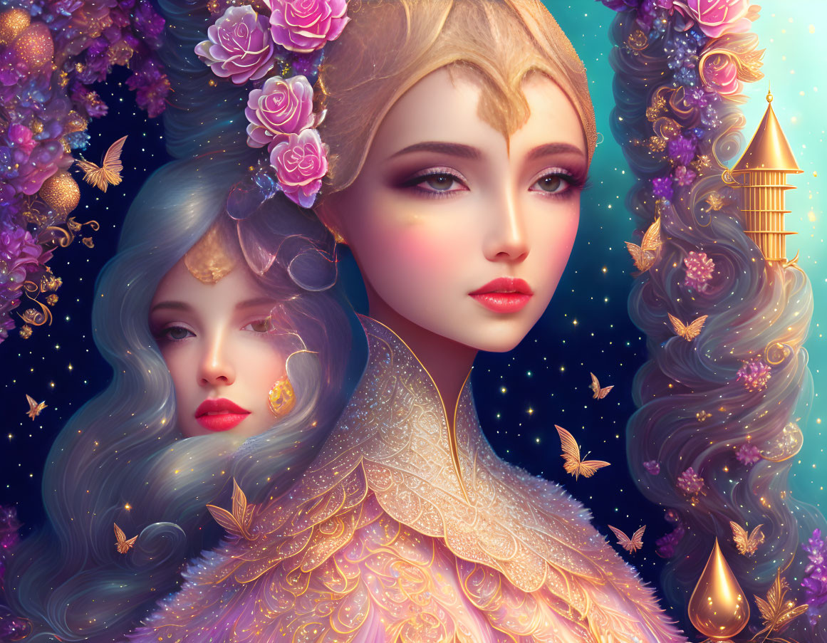 Ethereal women with floral hairstyles in starry setting