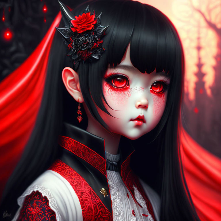 Digital artwork featuring girl with black hair, red eyes, floral headdress, red & white outfit,