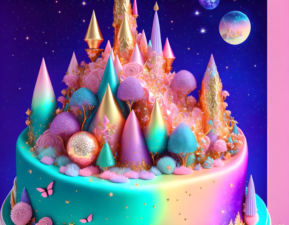 Fantasy-themed cake with pastel towers, butterflies, and floating bubble