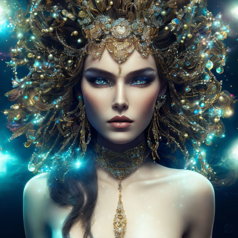 Ornate golden headdress on female figure with blue eyes in starry setting