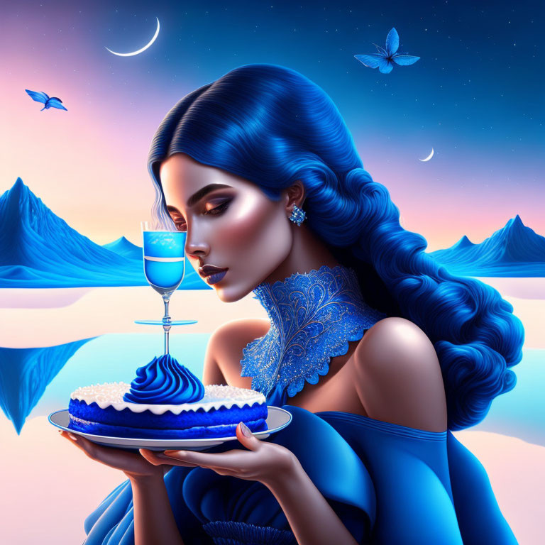 Illustrated woman with blue hair and matching outfit holding drink and dessert in surreal twilight setting.