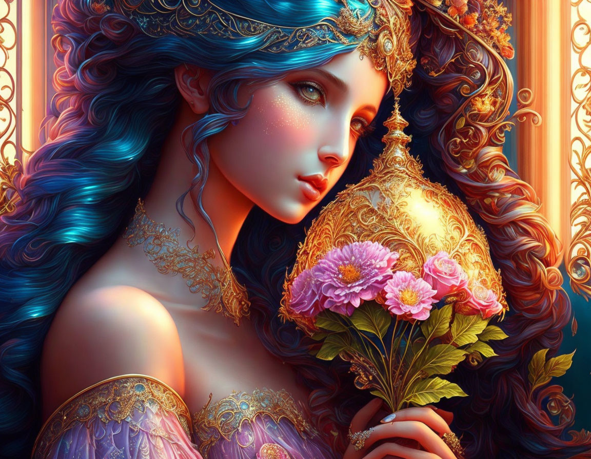 Fantasy woman with vibrant blue hair holding bouquet and wearing golden tiara