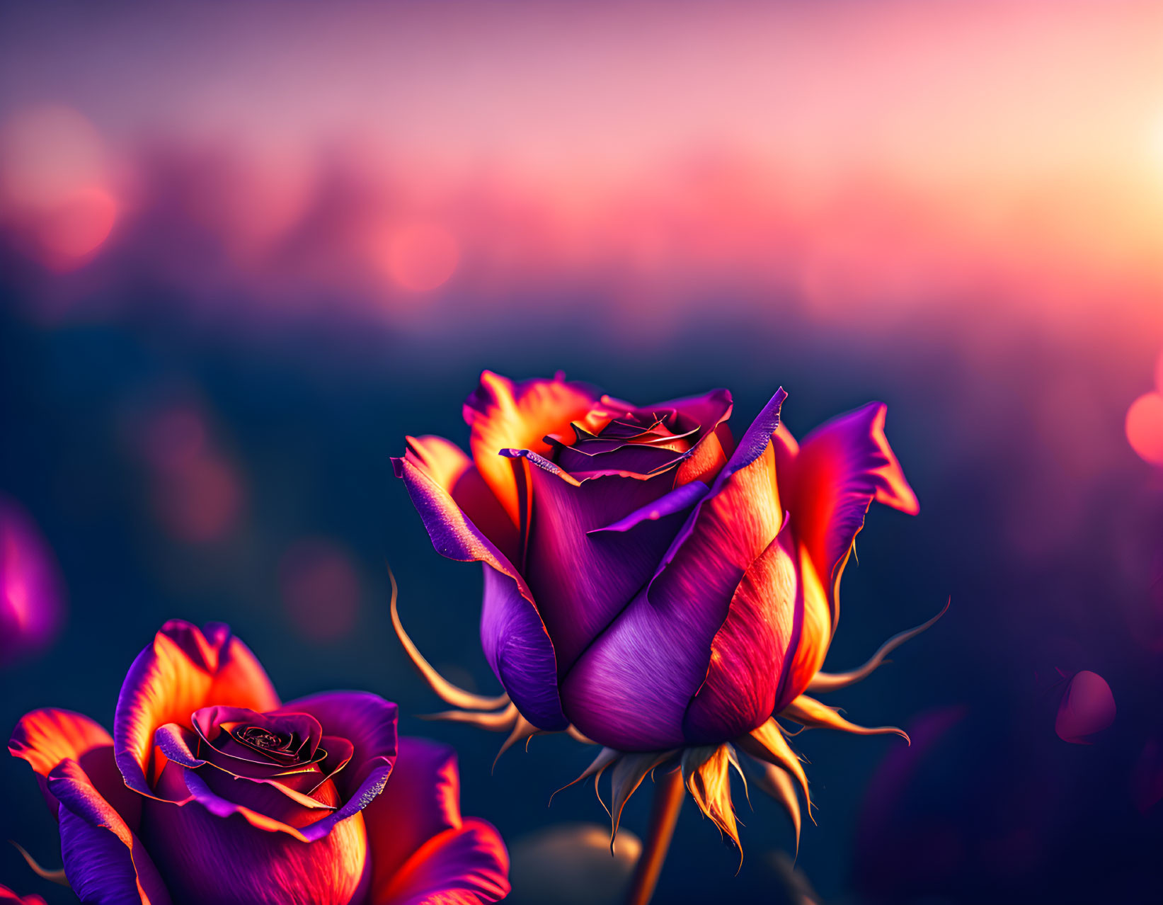 Colorful Purple and Orange Roses on Soft-focus Sunset Background