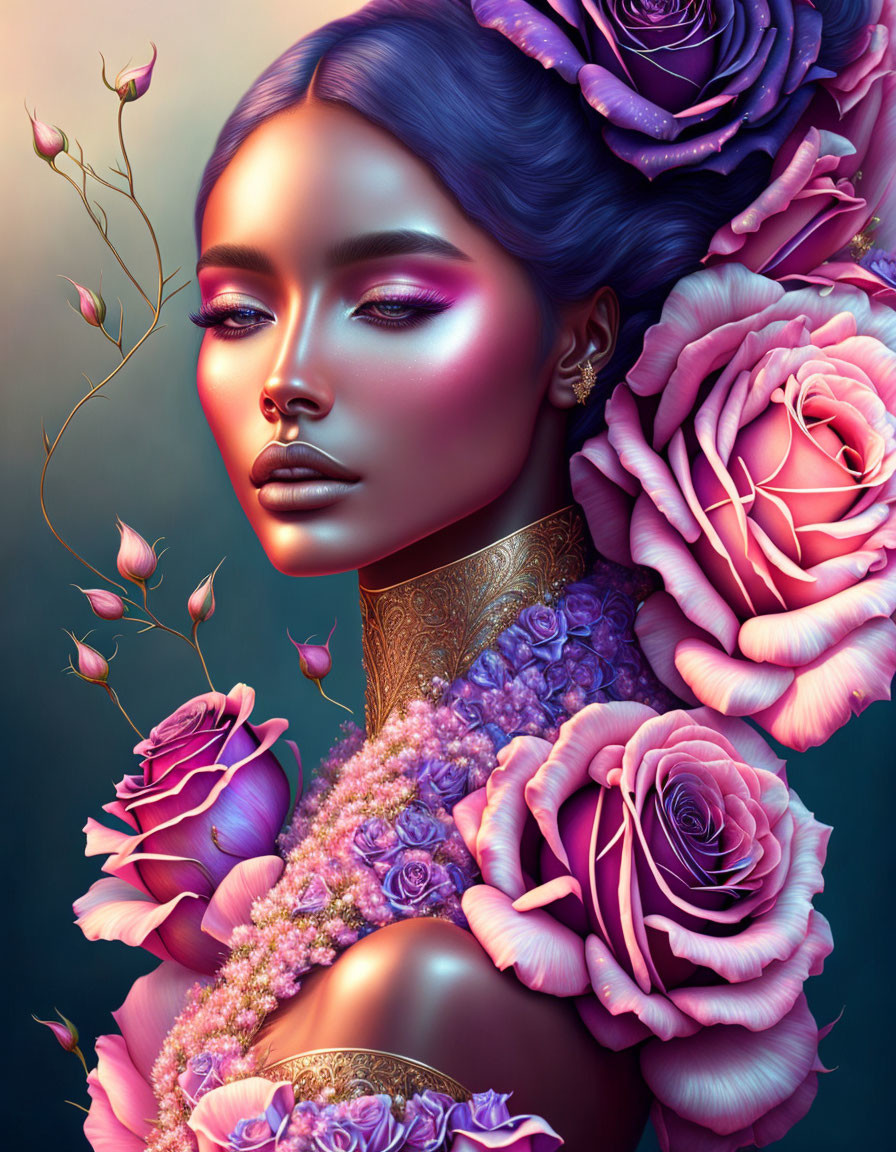 Blue-skinned woman with purple blooms and golden glow on moody background