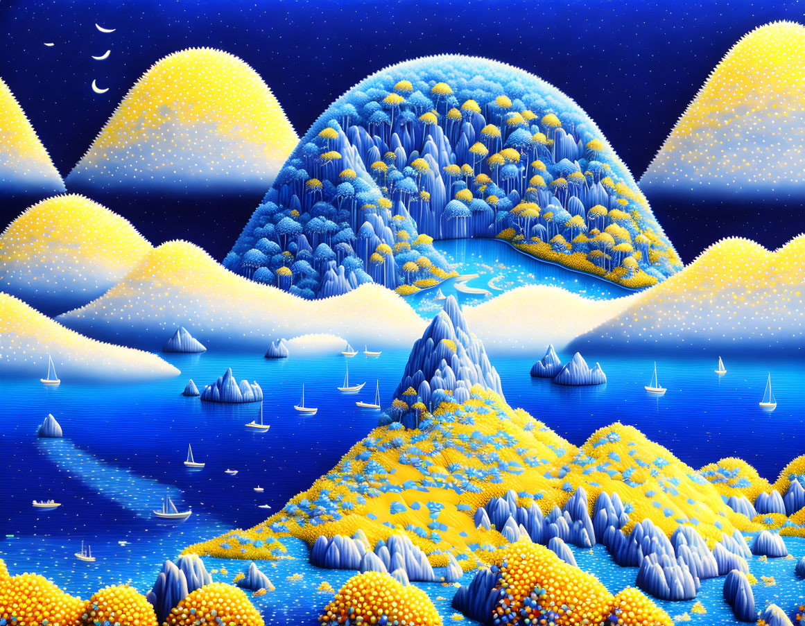 Fantastical landscape with blue and yellow hues, river, sailboats, whimsical trees, star