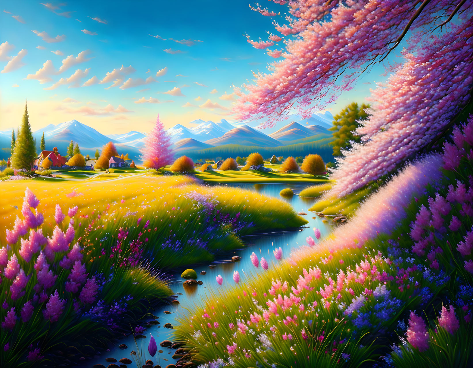 Scenic landscape with cherry blossoms, flowers, stream, mountains, and blue sky