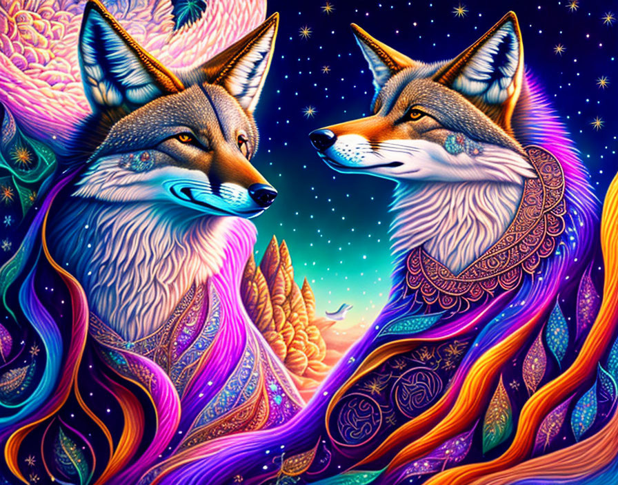 Colorful Cosmic Background with Stylized Fox Illustration