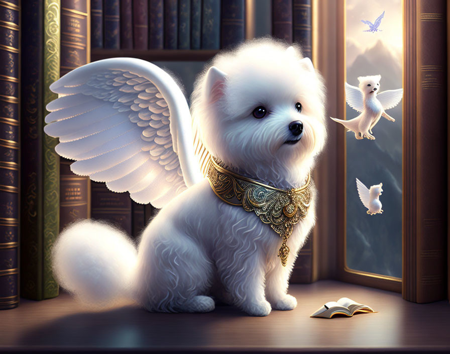 Fluffy winged dog with miniature versions next to open book on bookshelf