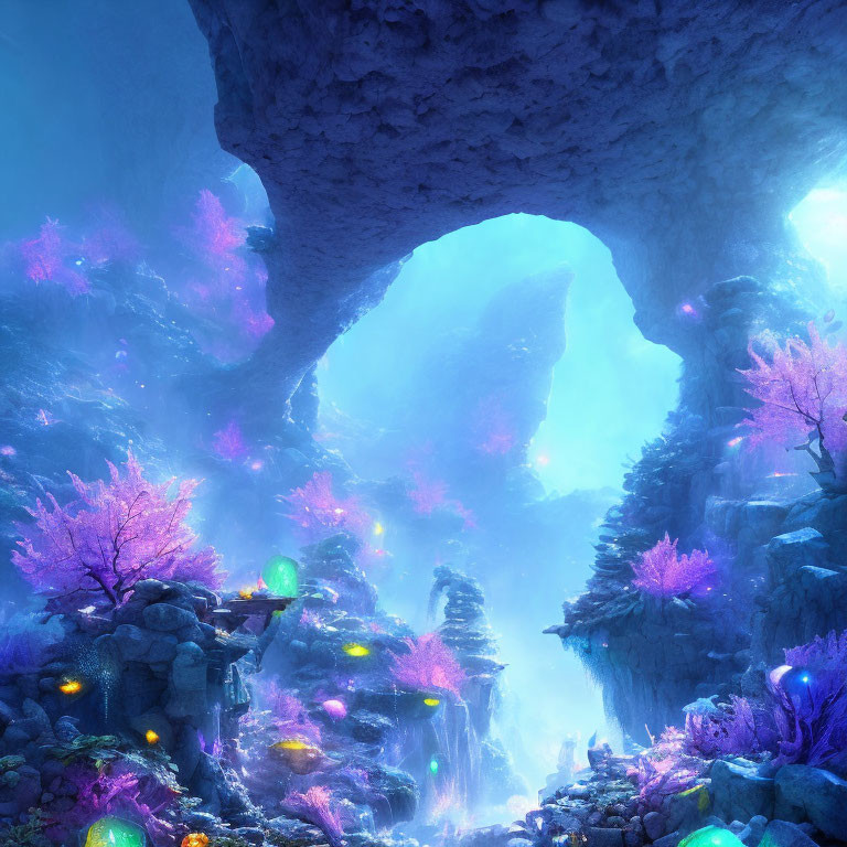 Ethereal cave with glowing purple flora and mist, stone archway, fantastical landscape